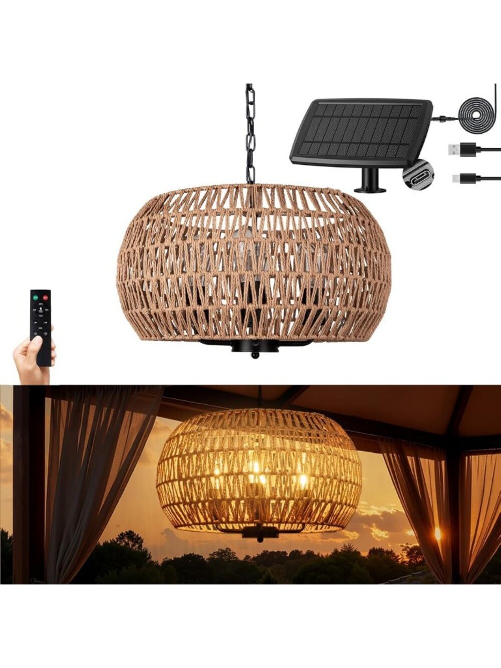 Waterproof 4-Light Solar Chandelier - 19" Rattan Hanging Pendant for Patio
